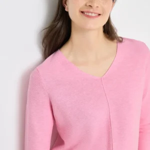 V-ringad tunnstickad tröja med 3/4 ärm från Cecil, flamingo rosa