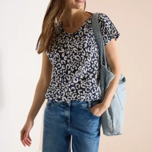 V-ringad T-shirt med leomönster, spetsdetaljer och resåravslut,