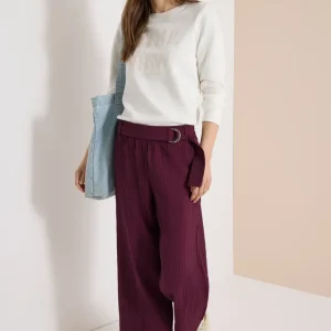 Neele -strukturerad wide leg- byxor med hög midja,  28-längd, druvröd