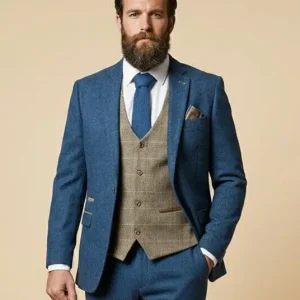 Blå/brun fiskbenskostym i tre delar