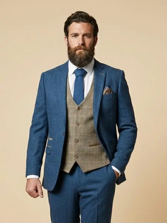 Blå/brun fiskbenskostym i tre delar - Bild 2