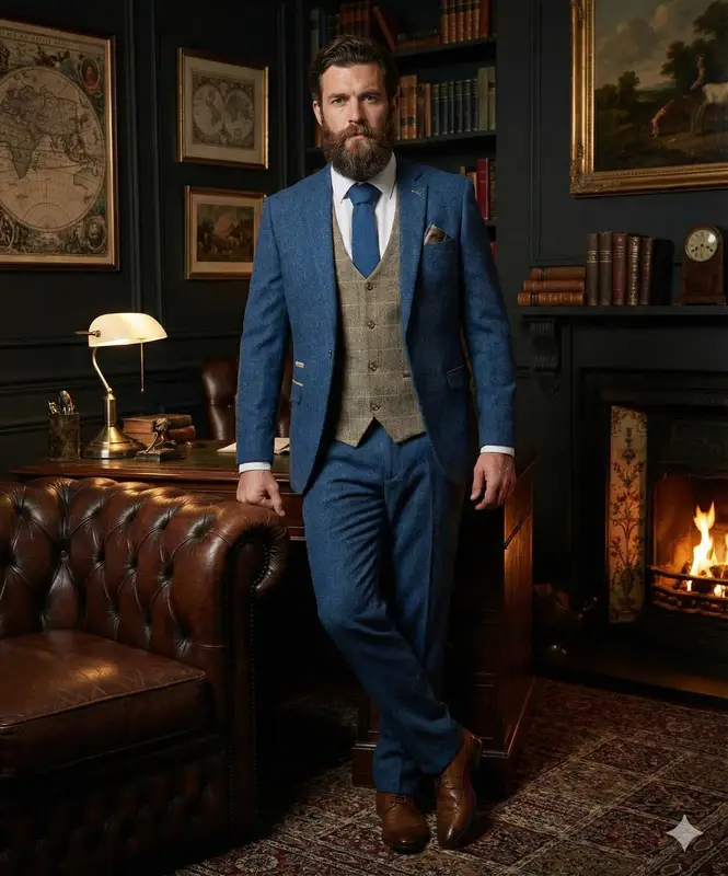 Blå/brun fiskbenskostym i tre delar - Bild 3