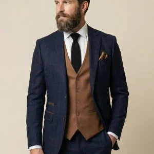 CASTLESON Admiral – Tredelad Kostym För Herrar, Rutig Marinblå/Tan Mix & Match