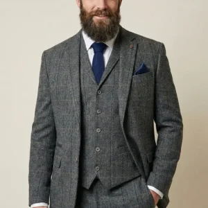 Grå marinblå fiskbensmönster outfit