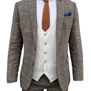 Mix and match - 3-delat herrdräkt Herringbone Brown/Cream