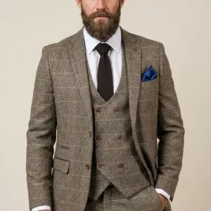 Tredelad dubbelknäppt kostym i Herringbone Brown Classic